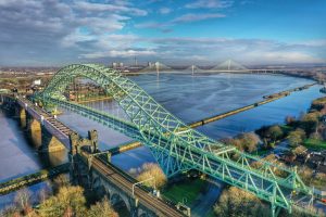 drone shot of Runcorn jubilee bridge